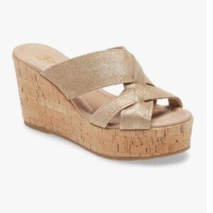 FOWT Gold Cork Wedge Sandals Cross Strappy Platform Open Toe Slip-On Slippers